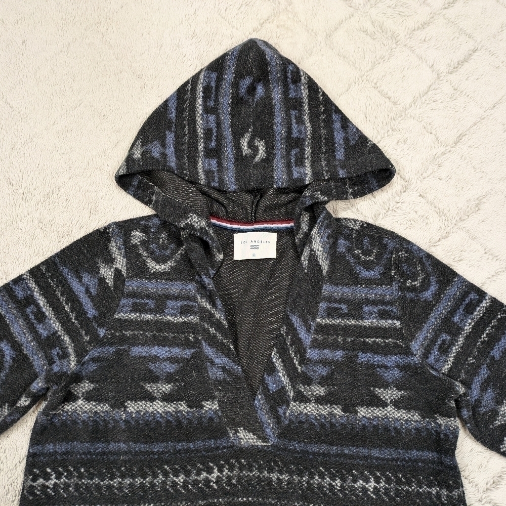 Sol Angeles Hoodie Women's M Gray Blue Aztec Baja Pullover Sweater V-Neck - Picture 2 of 9